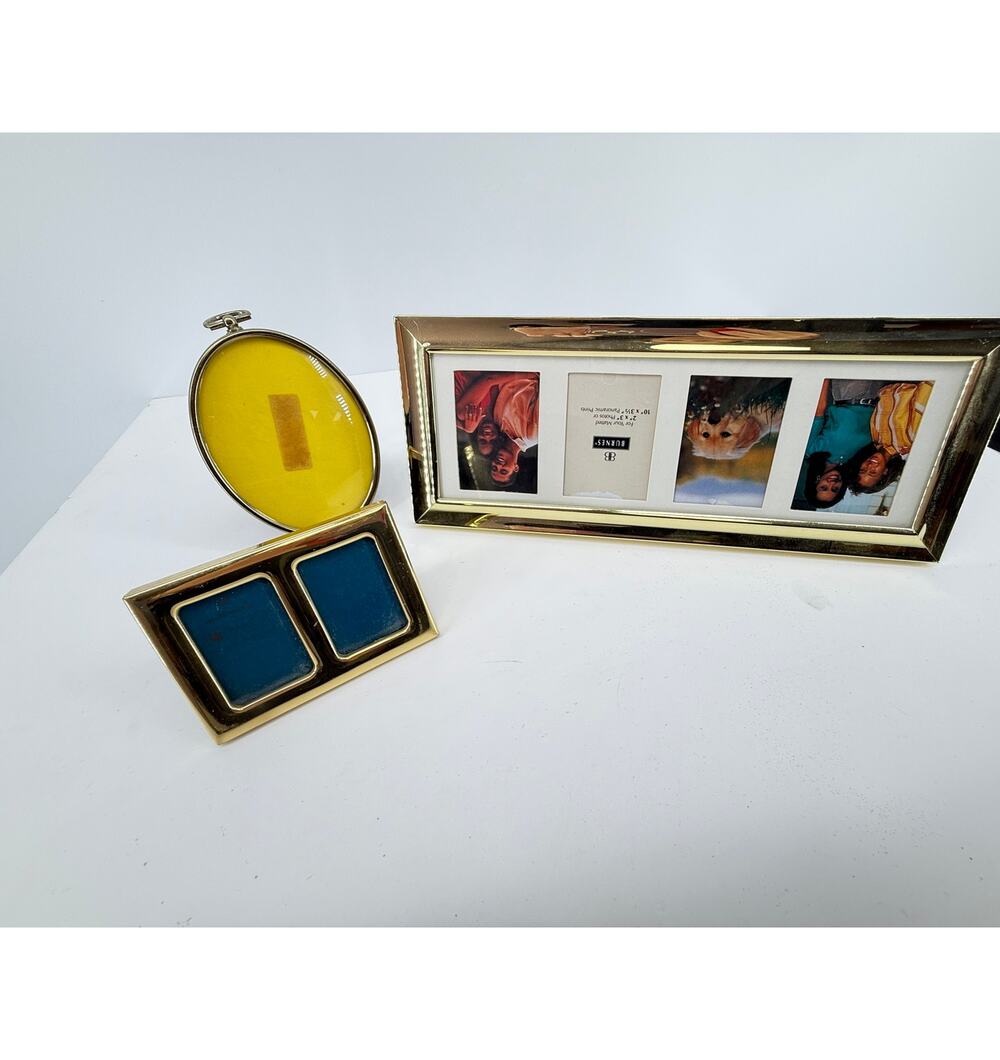 Gold Tone Picture Frame Set Oval Double Collage 2x3 Brass Look Tabletop Vintage